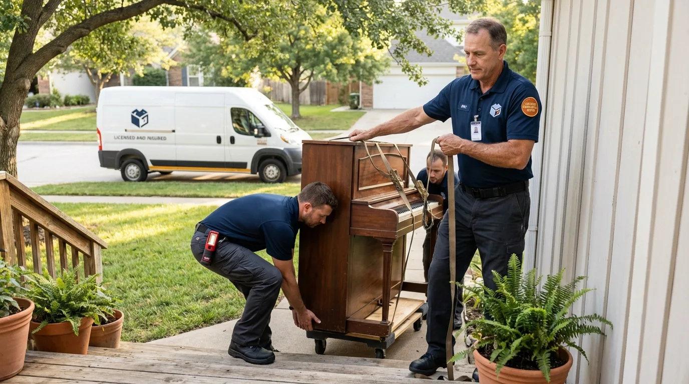 Licensed piano movers securing grand piano in Washington, VA